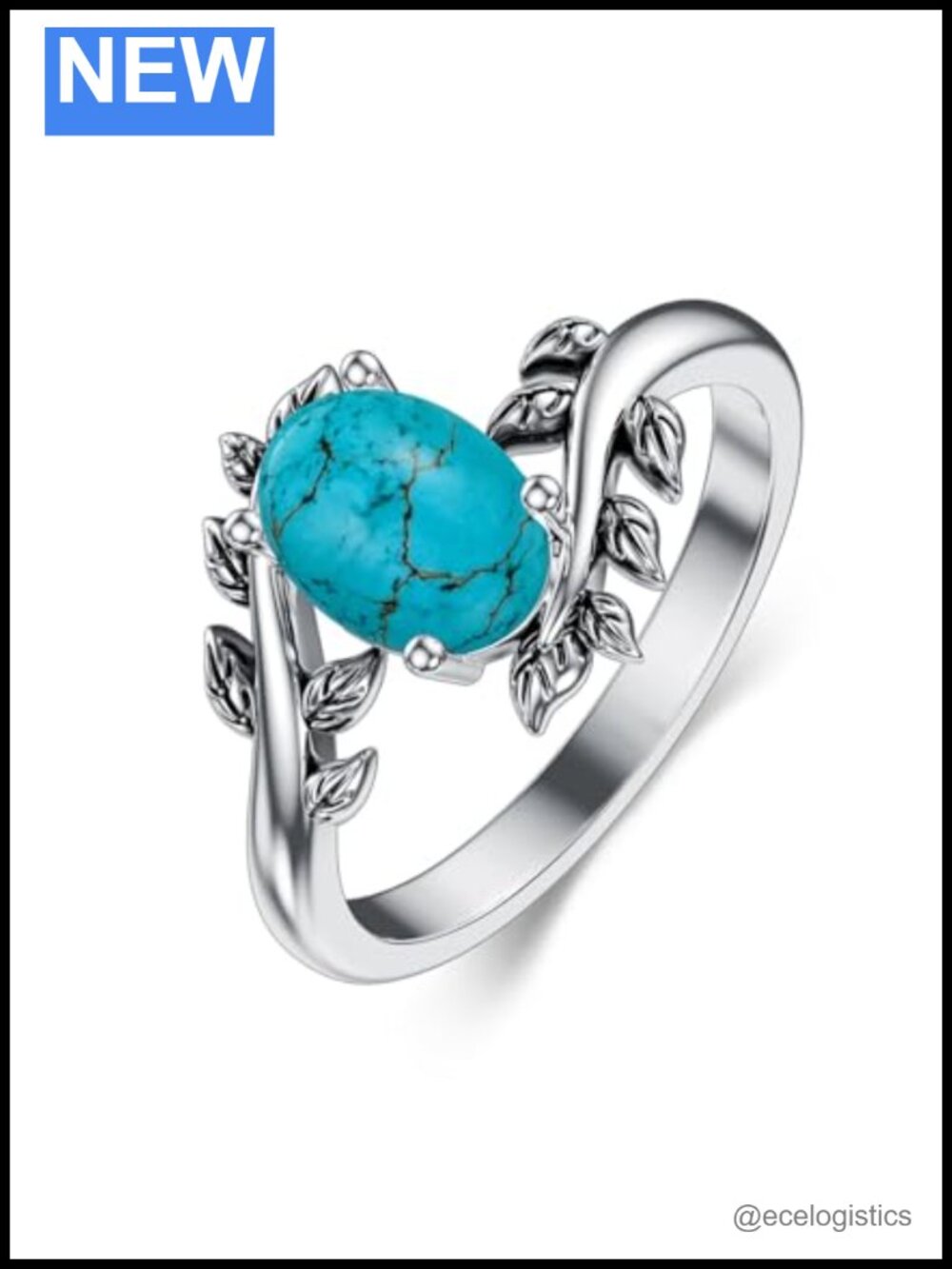 Genuine Turquoise Ring 925 Sterling Silver Oval Gemstone Leaf Boho Western
